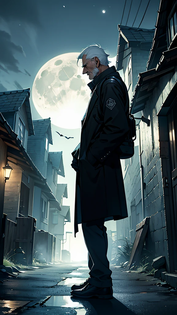 "An elderly man, around 58 years old, stands in a moonlit street, holding a smoking shotgun pointed forward. His face is stern and determined, illuminated by the full moon behind him. Surrounding him are houses with tightly shut doors and windows, casting long shadows in the eerie night. The sky is dark, with the bright full moon adding a ghostly glow to the scene."