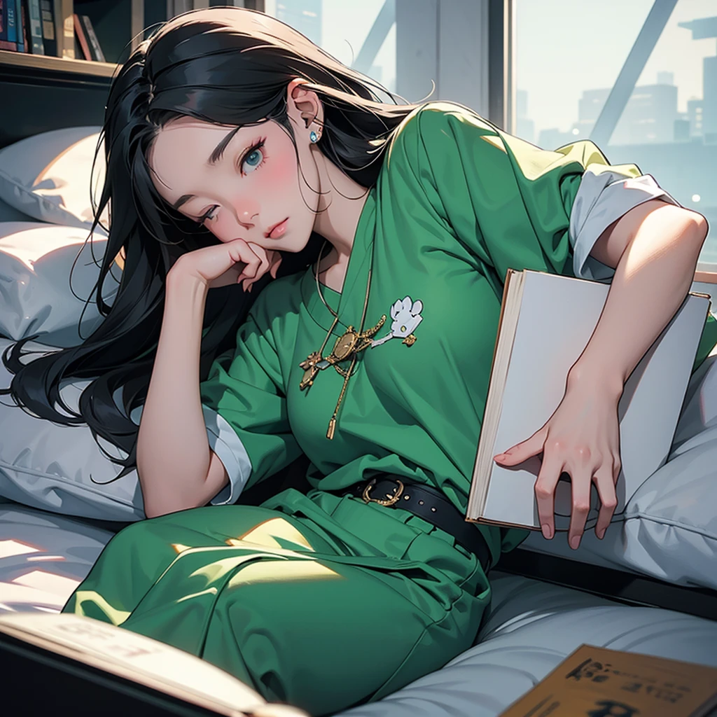 Vertical portrait of a 15-year-old Taiwanese girl wearing over-ear headphones with the "ANE//AB" logo visible on the side, sleeping on her computer desk in a dimly lit room. A cat is curled up next to her, and an open book lies beneath her head. The scene is captured in Lo-fi photography style with dark amber and emerald tones. A tall window shows a traditional Taiwanese street scene outside. In anime style, with medical textbooks scattered around. --ar 4:5 --style raw