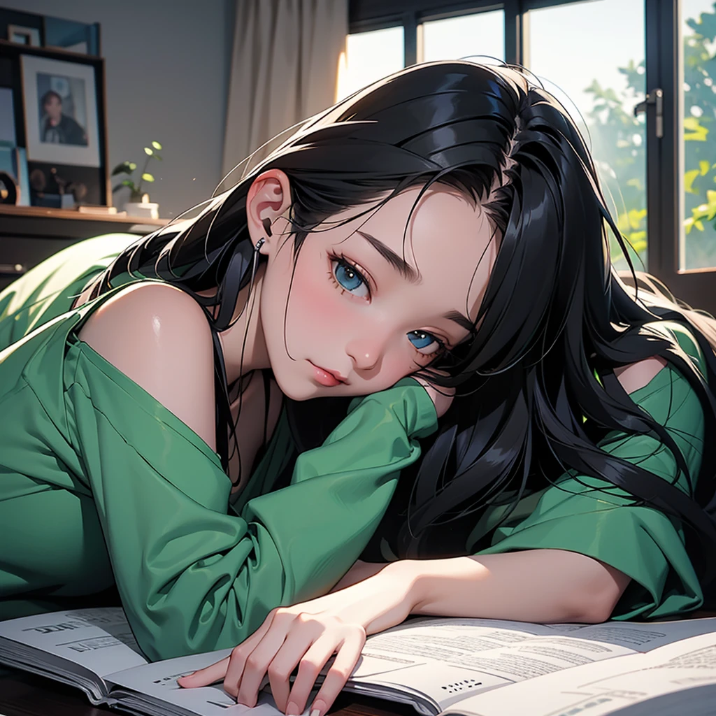 Vertical portrait of a 15-year-old Taiwanese girl wearing over-ear headphones with the "ANE//AB" logo visible on the side, sleeping on her computer desk in a dimly lit room. A cat is curled up next to her, and an open book lies beneath her head. The scene is captured in Lo-fi photography style with dark amber and emerald tones. A tall window shows a traditional Taiwanese street scene outside. In anime style, with medical textbooks scattered around. --ar 4:5 --style raw
