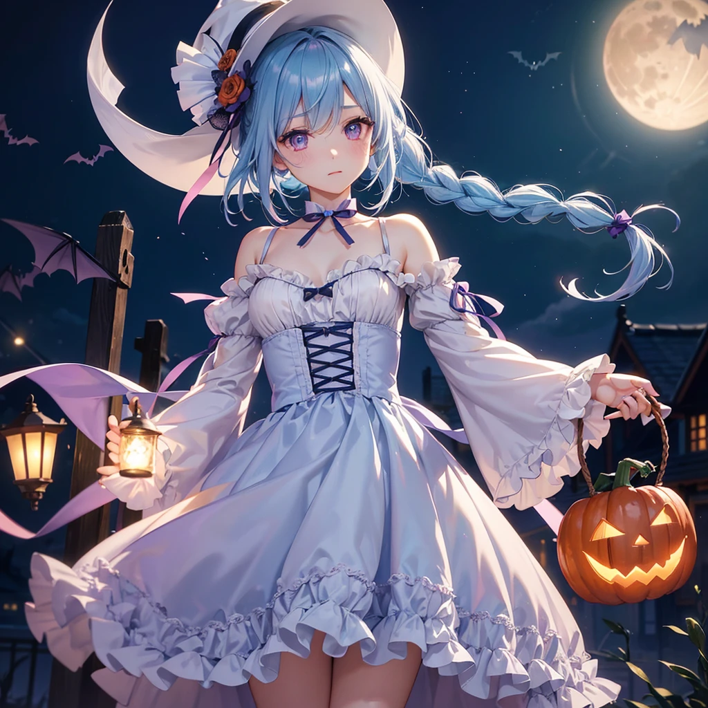 (Light blue medium hair),(Braided hair)、Pink eyes、Fair skin、cowboy shot、Halloween、The background is a pumpkin ghost、Crescent Moon、Trick or Treat、A lot of sweets、witch、Halloween night、Candy、many bat、Condescending expression、solo、(masterpiece、Highest quality、Very detailed、Best Shadow)、(Detailed Background)、(Beautifully detailed face)、High contrast、(Best lighting、Very delicate and beautiful)、(Cinematic Light)、colorful、Hyper Detail、Dramatic Light、Exquisite detail、