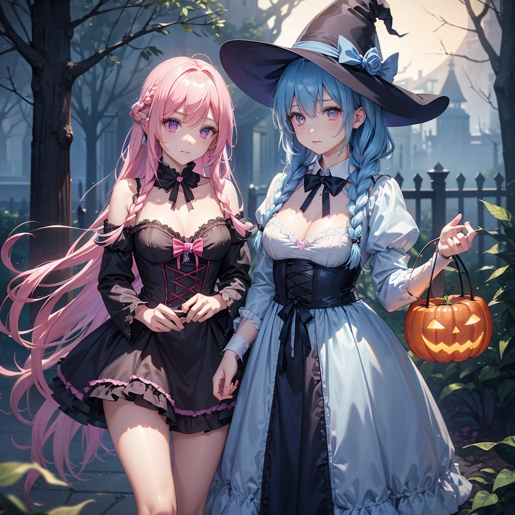 (Light blue medium hair),(Braided hair)、Pink eyes、Fair skin、cowboy shot、Halloween、The background is a pumpkin ghost、Crescent Moon、Trick or Treat、A lot of sweets、witch、Halloween ht、Candy、many bat、Condescending expression、solo、(masterpiece、Highest quality、Very detailed、Best Shadow)、(Detailed Background)、(Beautifully detailed face)、High contrast、(Best lighting、Very delicate and beautiful)、(Cinematic Light)、colorful、Hyper Detail、Dramatic Light、Exquisite detail、