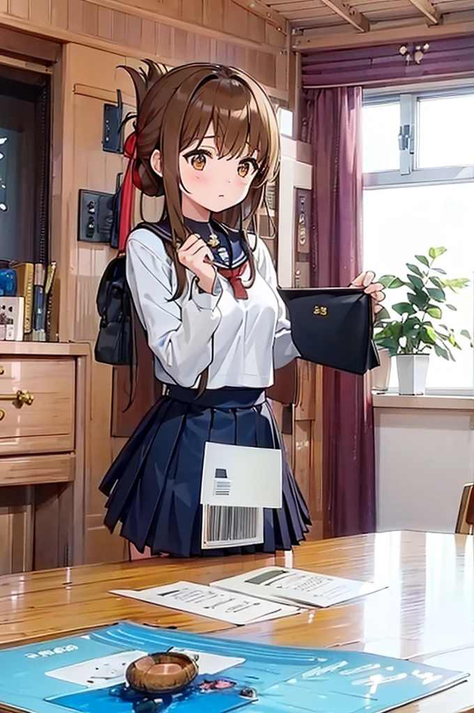 (masterpiece, best quality:1.2),illustration,8k,hd,1girl,solo,upper body,(portrait:1.2),brown_hair,folded_ponytail,brown_eyes,serafuku,long_hair,school_uniform,skirt,pleated_skirt,
