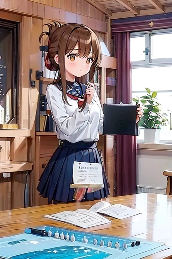 (masterpiece, best quality:1.2),illustration,8k,hd,1girl,solo,upper body,(portrait:1.2),brown_hair,folded_ponytail,brown_eyes,serafuku,long_hair,school_uniform,skirt,pleated_skirt,