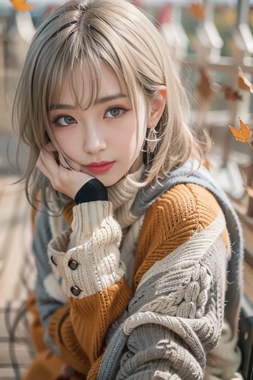 sitting on a park bench、(RAW shooting), (((Overall image)))、３５age、((Red sweater with high neck))、White scarf around neck、Long thin earrings、Round eyes、Cheek on ear、correct、make、smile、Biting the lower lip、（((Close one eye and wink)))、Soft lips、誘惑的なsmile、Sparkle、Darker lipstick、Cheek on nose、(Autumn leaves)、((Watery eyes))、Asymmetrical Hair、Real Skin、Blonde Hair、Very realistic,Gray Hair、Messy Hair、Hair behind the ear、Floating Hair、Short Hair、Boyish Hair、Blunt bangs、Drop Shadow、Hyperrealism、Contemporary Art、shine、reflected light、Ultra Wide Angle、16K、Super detailed、最high quality、uhd、Anatomically correct、Awards、最high quality、Ultra high detail、high quality、High resolution、Textured skin、correct、masterpiece、((Cold Pose：1))、(((Shoot from different distances and angles:1.5)))、Super close-up of the face