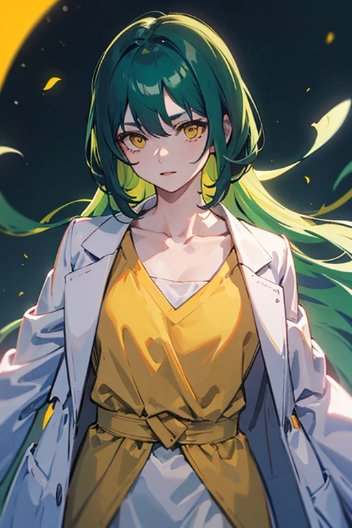 top quality,Perfect Face, long dark green hair, yellow eyes, collarbone，white lab coat