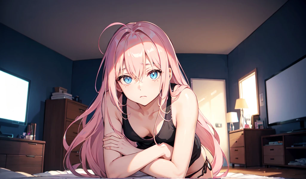 alone, woman, software, extremely expensive, expensive:1.3, Long, messy hair, Tied Hair, Light pink hair, blue eyes, (((Sagging under the eyes)), Tank top, Very slim, Medium chest, Bedroom, Dark cluttered room, neat, glowing tv screen, Hug your knees, panties, From below, perspective, Shortening method Model pose
