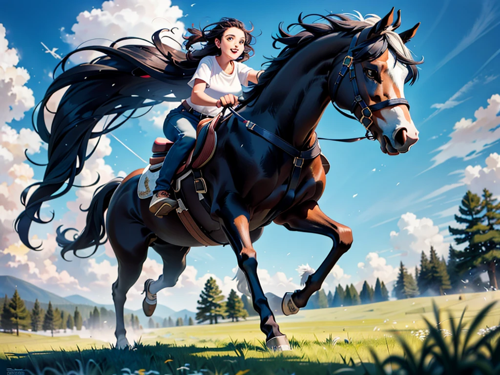 huge fat draft horse. Running cheerfully in grass meadow , contemporary art, Photorealistic , Very high resolution artwork , 8K ,  pine forest, bright blue sky. BBW Black african  rider.