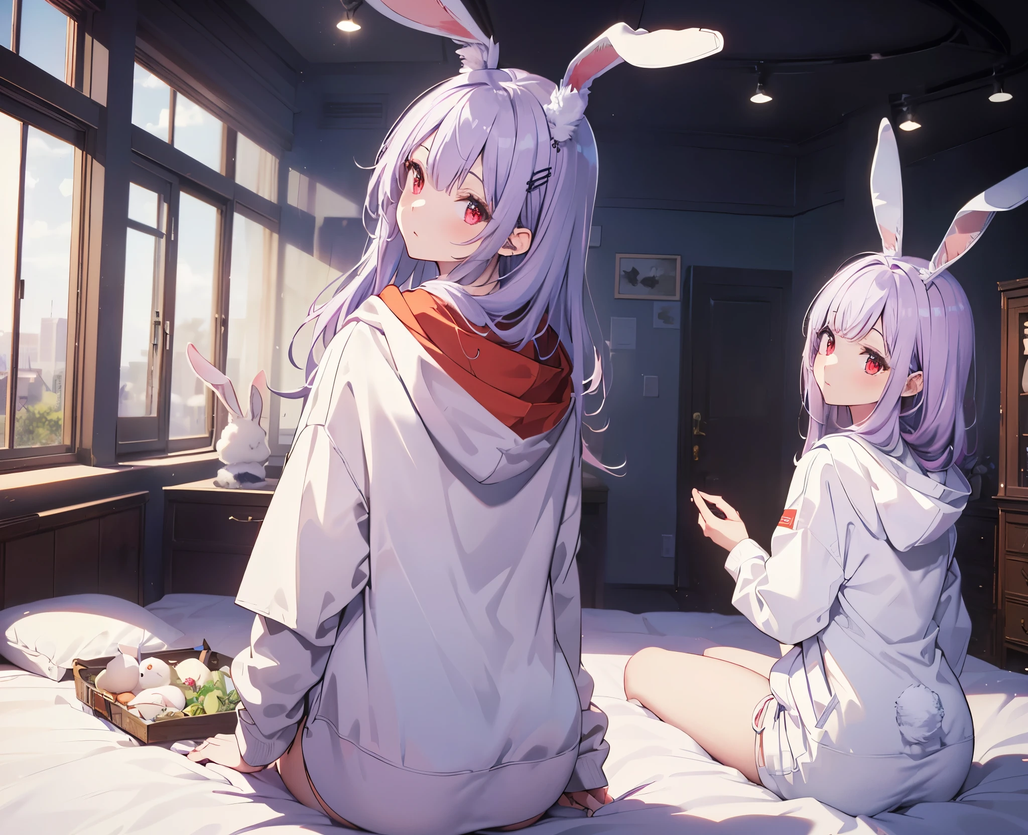 Realistic,Highest quality, Ultra Detail, High-quality CG rendering, The most delicate and beautiful, Floating softly, High resolution, (1 girl), (Highest quality,4K,8k,masterpiece:1.2), Light purple hair,Rabbit,(Rabbit ears:1.5),(Long Hair:1.3),Red eyes,(White oversized hoodie:1.3),Inside the room,bed,(Turn your back to your audience:1.3),Butt