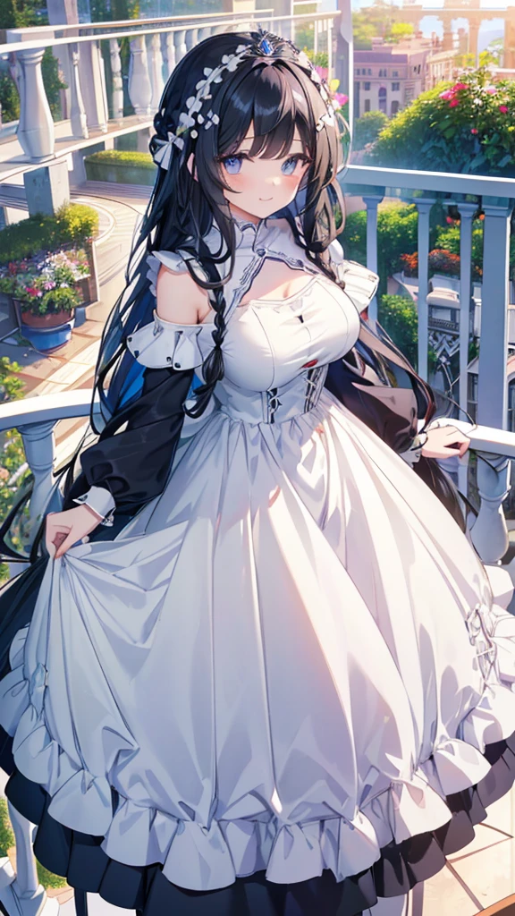best quality, extremely detailed,anime style girl,long hair down to the waist, straight hair, ((dark black hair with bluish)),braid,beautiful detailed eyes, pinched eyes, (dark blue eyes),huge breasts,curvy,((((white main cutie brightly colored princess dress)))),clothing with complex patterns,hair ornament,smile,((((balcony in garden)))),castle,((((pov))))
