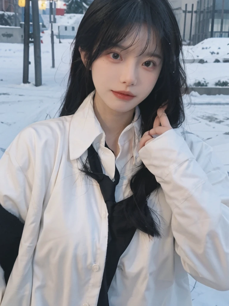 Best quality,masterpiece,Ultra-high resolution,snow,16K,Snow background,(Photo Realism:1.4),1 Girl,JK,Sexy,(Shirt and Tie:1.2),(Big breasts:2.3),(Upper body:1.4)