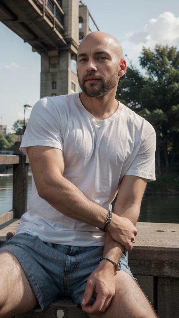 A handsome bald man inside a sitting on the bridge with book with a beard wearing a modern shirt and bracelets