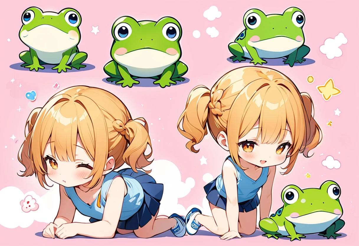 Highest quality、High resolution、Detailed Background、Beautiful face in every detail、Anatomically correct、Detailed facial expressions、fine grain、((full body, side view)), ((One Girl))、Chibi Girl、Cute hair color、Braided twin tails、Elementary school, (Tank top、Vneck、mini skirt、Cute Shoes)、break Lying down with knees bent and legs dangling、Coming face to face with a giant baby frog、I'm afraid to touch it、I have a lot of tears in my eyes、An expression that looks like it's about to cry、Close up hands、There is a small frog on his head、