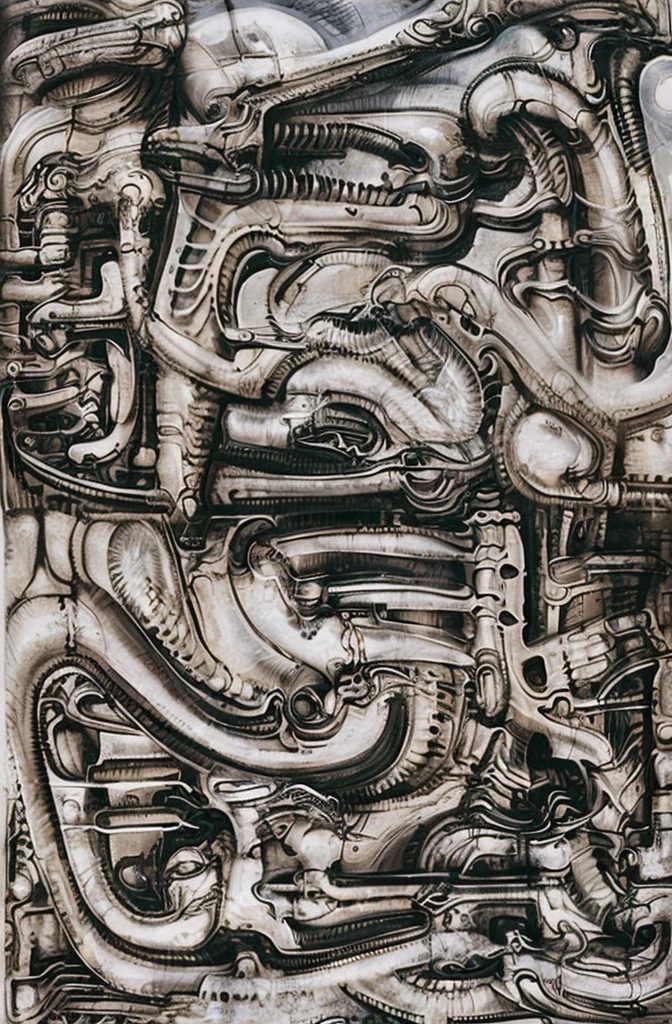 g1g3r, The image is a detailed view of H.R. Giger's biomechanical tableau \" LANDSCAPE No 312 \" plate, featuring
a complex, intricate, and detailed design of endless Machine in the transit spaceover the cascade of fallen water, that appears to be a fusion of organic and mechanical elements, with a focus on the interplay between the two.The piece is a tableau, most likely created with a India ink pen or pencil on paper, determined by the thin lines, shading techniques, and the texture of the paper, which is visible around the edges.
Used is pen, given the shading and variations in line weight visible in the image. Artist have used a variety of stylus with different degrees of hardness to achieve the shading effects.
The use of undersaturated green-grays dark contrasts creates a stark and graphic look. Is used a variety of linework techniques to create different textures. Fine, parallel lines create a smooth, metallic texture,while thicker, more cursive lines suggest cables or wires.
Light source from the top highlights skeletals, pper part of foreground, lower part of image is in shadowupper part of foreground, lower part of image is in shadow.
The art performance showcases the artist’s skills in observation and rendering. The level of detail in the piece suggests a close study of real bone specimens and mechanics. The artist has skillfully used shading techniques to create a convincing illusion of three-dimensionality on a flat surface. The wrinkles and cracks in the surface, and the cast shadows with accuracy, used shading techniques to create a realistic depiction of light and shadow on the objects. This creates a sense of depth and dimension in the image. The artist has used careful linework to depict the contours and textures in the piece
Sharp focus on foreground elements illustration. Deep and delicate DOF. Big painting. Stored in Louvre masterpiece, ooze soaked pajama top
