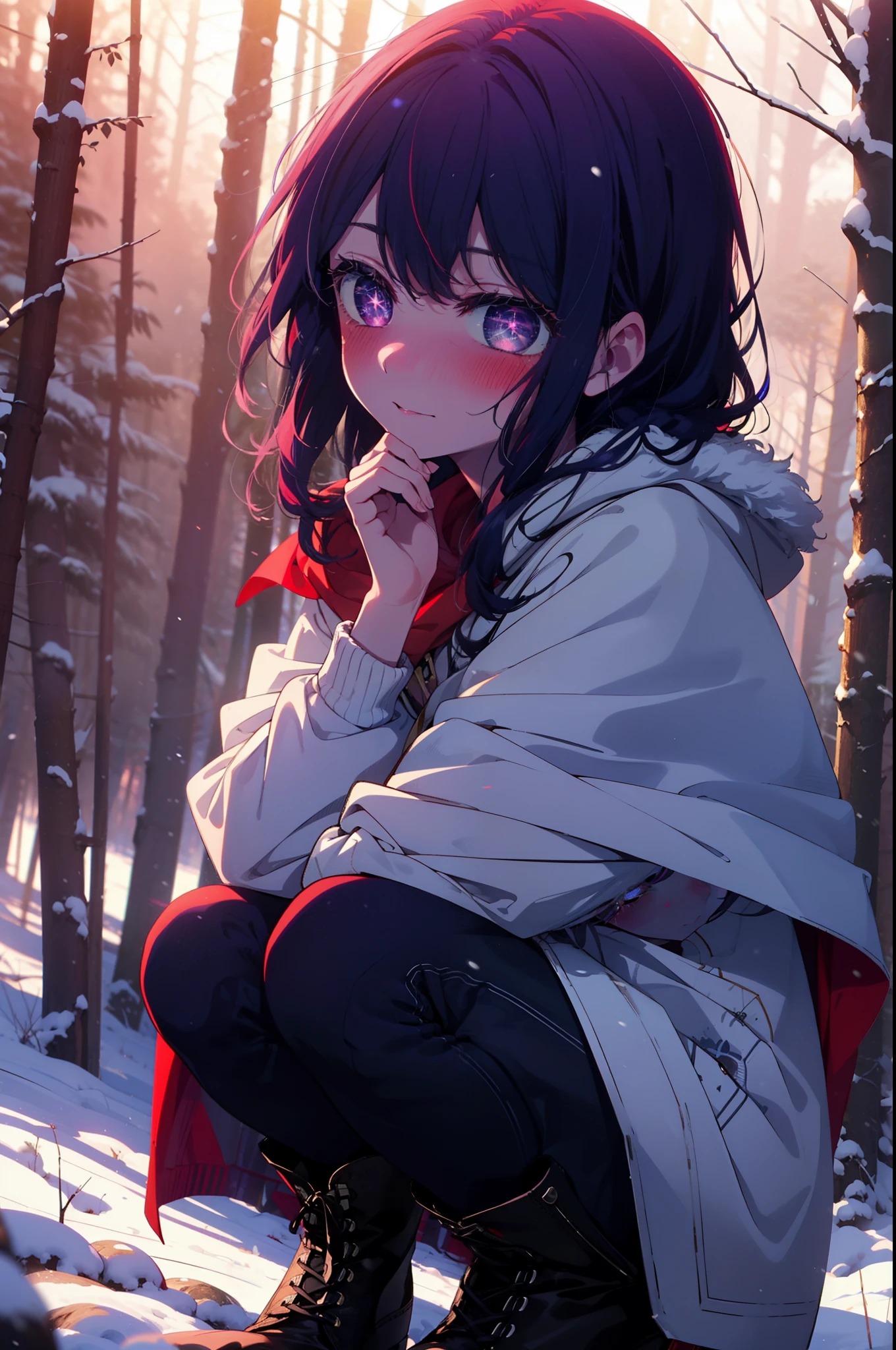 aihoshino, Ai Hoshino, Long Hair, bangs, (Purple eyes:1.1), Purple Hair, (Symbol-shaped pupil:1.5), smile,,smile,blush,white breath,
Open your mouth,snow,Ground bonfire, Outdoor, boots, snowing, From the side, wood, suitcase, Cape, Blurred, , forest, White handbag, nature,  Squat, Mouth closed, Cape, winter, Written boundary depth, Black shoes, red Cape break looking at viewer, Upper Body, whole body, break Outdoor, forest, nature, break (masterpiece:1.2), Highest quality, High resolution, unity 8k wallpaper, (shape:0.8), (Beautiful and beautiful eyes:1.6), Highly detailed face, Perfect lighting, Extremely detailed CG, (Perfect hands, Perfect Anatomy),