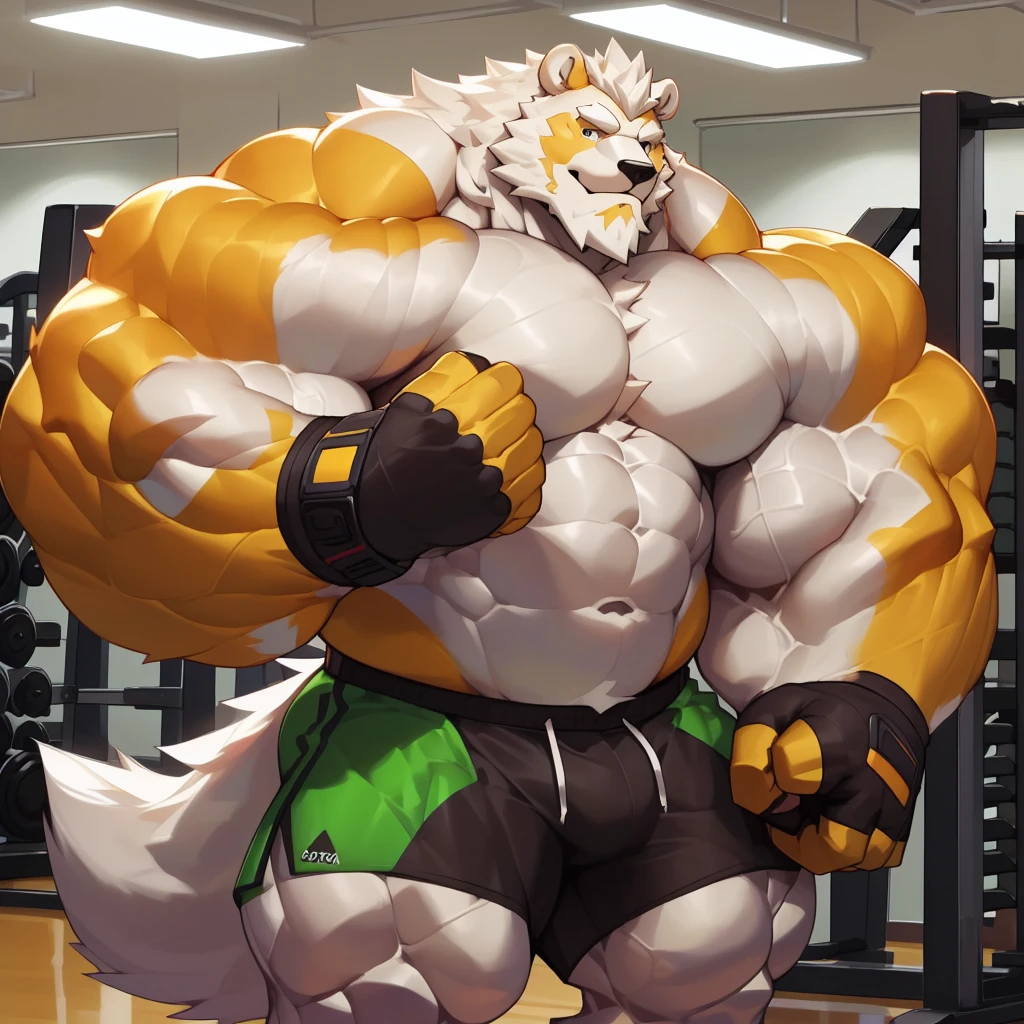 solo, 1boy, Huge Muscular White Polar Bear, huge white fur, pectoral, huge pectoral, wide pectoral, short white hair, ((really big muscle, massive muscular, sixpack, huge fluffy white fur, thick arms, wide pectoral, super huge muscle, hyper muscular, over sized muscle, huge arms, big arms, huge pectoral)), black gym shorts, black wristbands, fingerless gloves and shirtless and topless, white bearded, white Mustache, white fur, grey eyebrows, gym fitness center background, masterpiece, high detailed, 8k, high resolution, at the gym, flexes huge thorax, looking at the viewer, acting all hunk