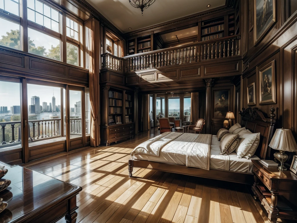 High-resolution images，Glass House，Glass House，Large floor-to-ceiling windows，There is a big red bed in the room，curtain，TV set，bookshelf，Bookcase with many books，table。The wall is glass window， The most important thing in the room is a big bed，The window is the villa garden，City skyscrapers