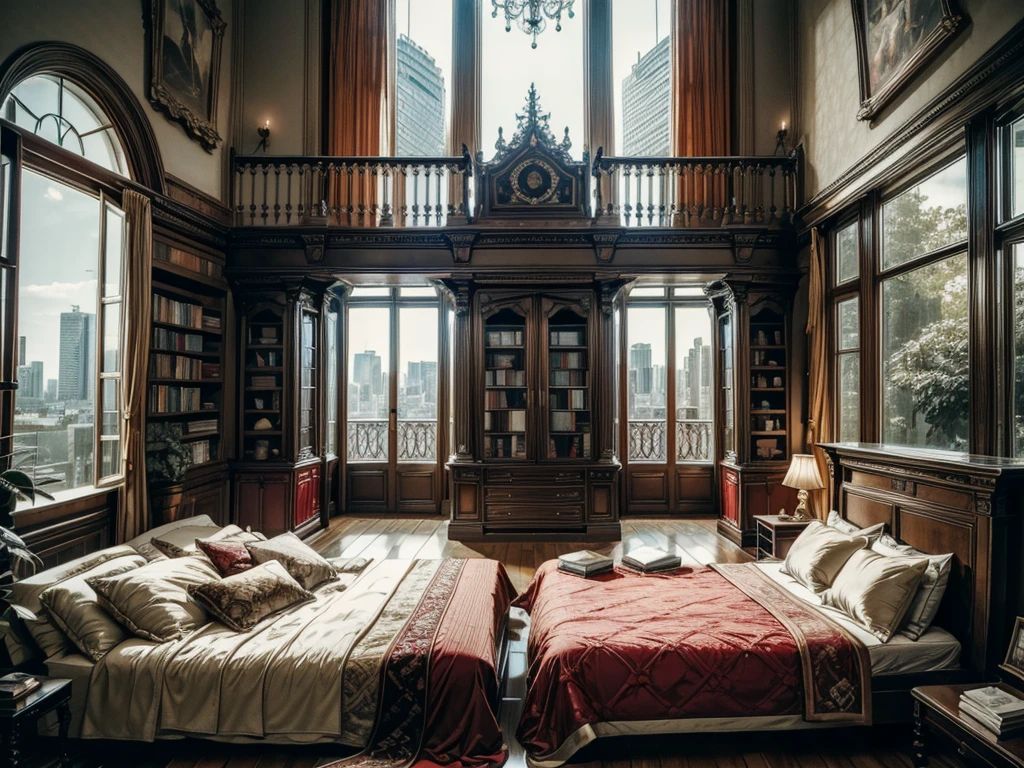 High-resolution images,Glass House,Glass House,Large floor-to-ceiling windows,There is a big red bed in the room,curtain,TV set,bookshelf,Bookcase with many books,table。The wall is glass window, The most important thing in the room is a big bed,The window is the villa garden,City skyscrapers