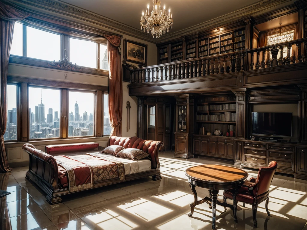 High-resolution images,Glass House,Glass House,Large floor-to-ceiling windows,There is a big red bed in the room,curtain,TV set,bookshelf,Bookcase with many books,table。The wall is glass window, The most important thing in the room is a big bed,The window is the villa garden,City skyscrapers