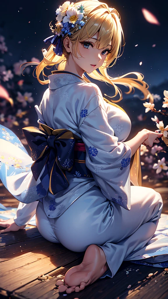 masterpiece, high quality, 4K, Beautiful design, silhouette，blonde， 非常に詳細な夜のStarry Sky,Flower Field， wonderful, Finer details,  Very knowledgeable woman, Highly detailed solo, 1 female,Big Breasts，Butt Emphasis，Underwear Line，Yukata in white color，Night view，Starry Sky，full moon，How to sit，