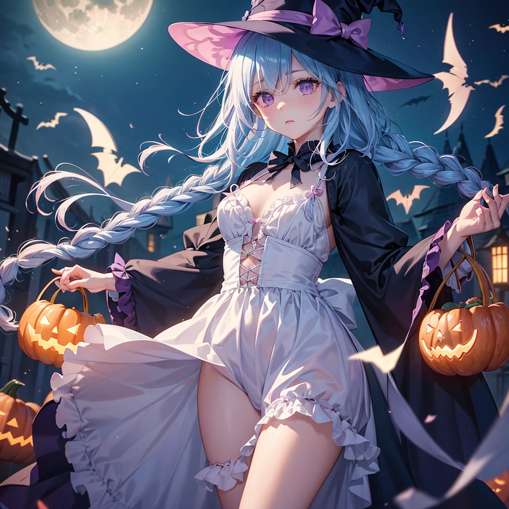 (Light blue medium hair),(Braided hair:1.2)、Pink eyes、Fair skin、cowboy shot、Halloween、The background is a pumpkin ghost、Crescent Moon、Trick or Treat、A lot of sweets、witch、Halloween night、Candy、many bat、Condescending expression、solo、(masterpiece、Highest quality、Very detailed、Best Shadow)、(Detailed Background)、(Beautifully detailed face)、High contrast、(Best lighting、Very delicate and beautiful)、(Cinematic Light)、colorful、Hyper Detail、Dramatic Light、Exquisite detail、