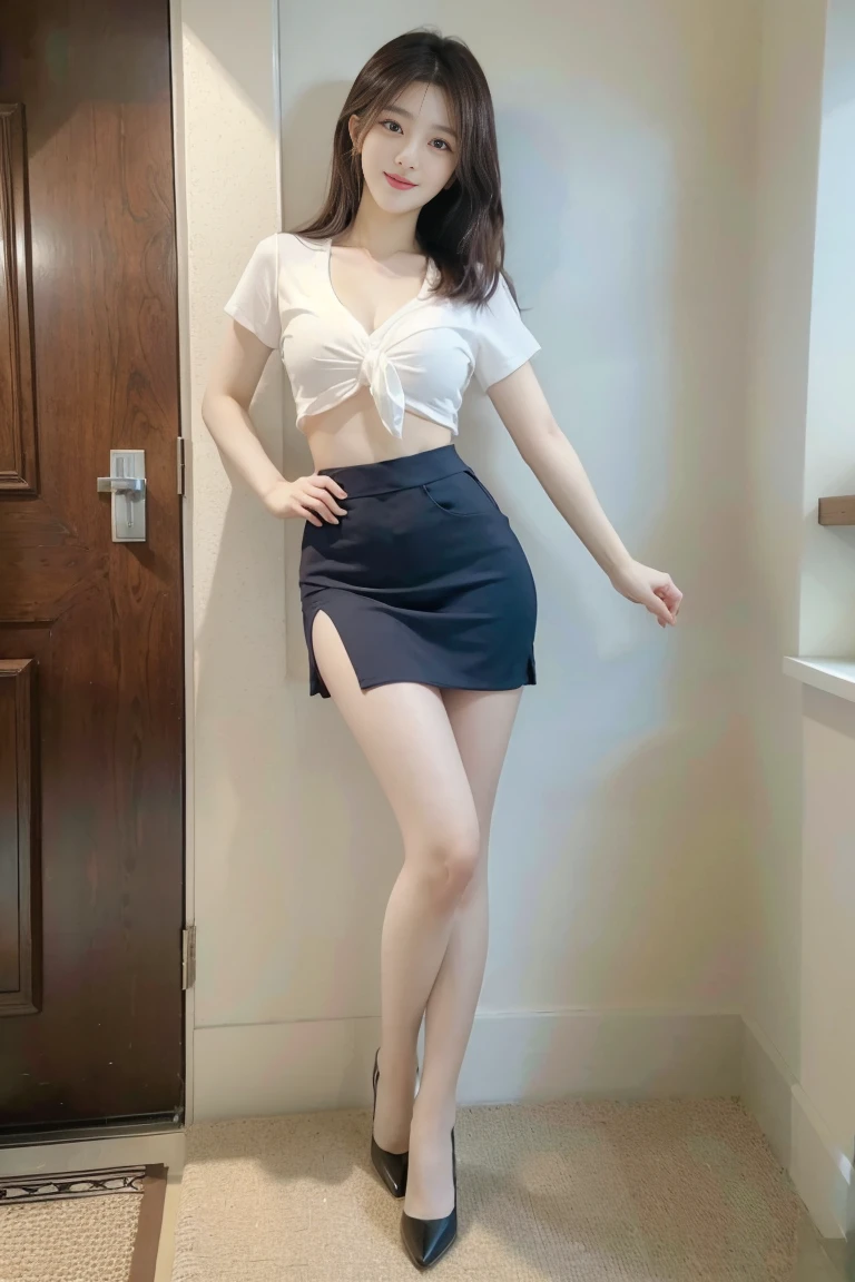 ((best quality)), ((masterpiece)), (detailed), Beautiful Korean woman,8K,,she is touching her skirt, (realistic`plus ultra), korean model, full body, perfect shaped breast, H cup, slim woman, (sexy pose), seductive smile,shiny pantyhose, standing front