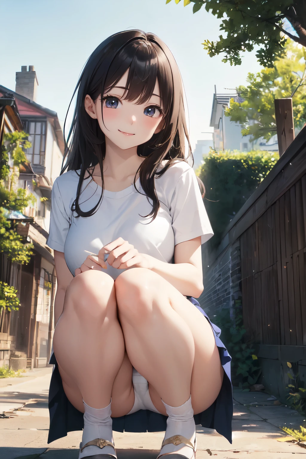 very cute and beautiful girl,(Very detailed美しい顔), (smile),blush,Black Hair,Seraphim,(White Shirt、Pleated navy blue pread your legs、Squat)、Sitting、(From below)、(Lacy white panties), Country road、Distant Tree々and the city, (Highest quality,masterpiece:1.0),Absurd,High resolution,Super detailed,Very detailed,32K,8k resolution, Intricate details,Movie Scenes,Detailed Background,alone,Dynamic Angle,