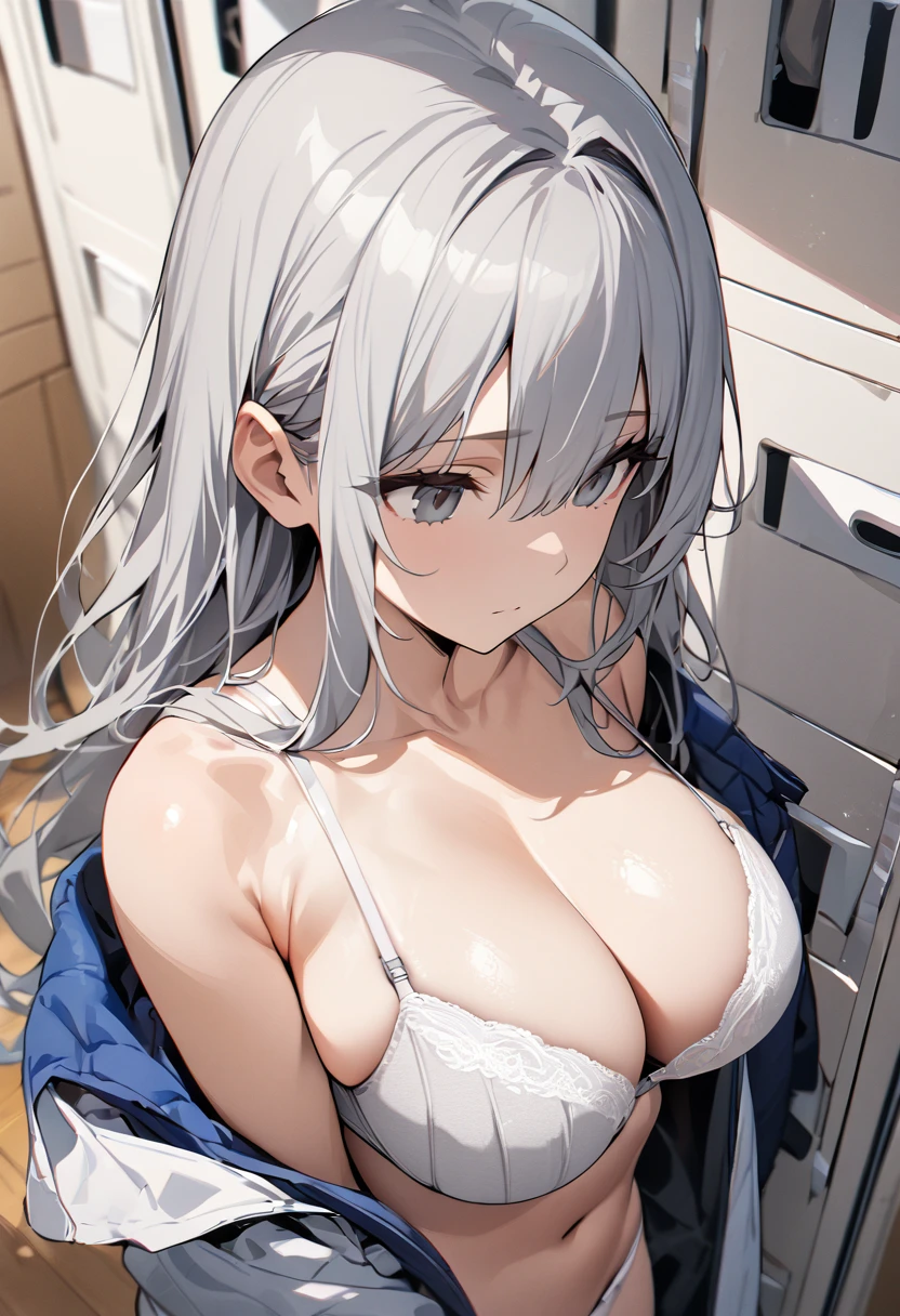 masterpiece, Highest quality, Expressionless, 1 girl, 、Locker Room、Change of clothes、Open shirt、White panties((Gray Hair))　　((White BRA))　Big Breasts　　Look away　From above　Long Hair
