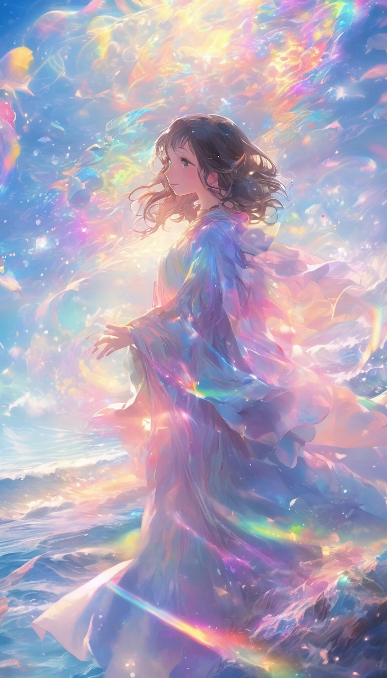 high resolution Mysterious glowing spell casting girl, ((Fantasy Rainbow Ocean)), Vibrant colors, Great light, Detailed speech bubbles, Magical atmosphere, Nice views, Dreamy atmosphere, Sparkling, Roomy robes, The magic touch, Mysterious Creatures, ((Sparkling waves)), Mystical symbols, Surreal beauty, mist, There'Magic in the air, Magical moments,Mysterious atmosphere, Whimsical Creatures, Full of charm, Fairy, Superpower, Fantasy World