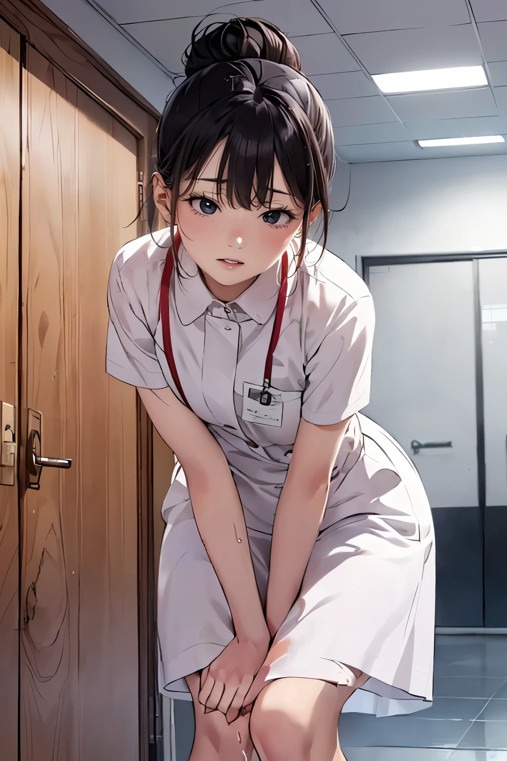 (depicting a single moment from a manga for adults), (hand-drawn), ((manga-style background)), (a nurse, nurse-uniform with stain by pee), (((round face))), drooping eyes, in the hospital corridor, ceiling, curtain, ((incontinent, humiliated, leaking pee, desperately endure)), ((embarrassing)), (hair up),