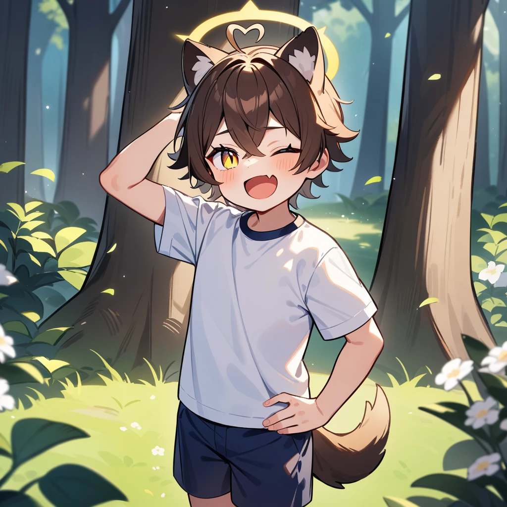 (masterpiece:1.2,high quality),4K,High resolution,A seven-year-old boy,cute boy, brown hair,short hair,crossed bangs,yellow eyes,slit pupils,one eye closed,heart ahoge,yellow halo,cat ears,laughing,skin fang,Wearing a white shirt,dark blue shorts,Stand in the forest,There are flowering trees on both sides.,primary school student,thigh,alone,dog tail,Put your hands behind your head,(Put your hands behind your head)