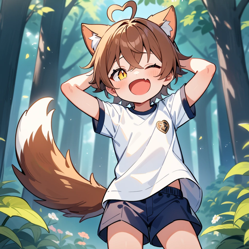 （masterpiece：1.2，high quality），4K，High resolution，A seven-year-old boy，cute boy， brown hair，short hair，crossed bangs，yellow eyes，slit pupils，one eye closed，heart ahoge，yellow halo，cat ears，laughing，skin fang，Wearing a white shirt，dark blue shorts，Stand in the forest，There are flowering trees on both sides.，primary school student，thigh，alone，dog tail，Put your hands behind your head，（Put your hands behind your head）