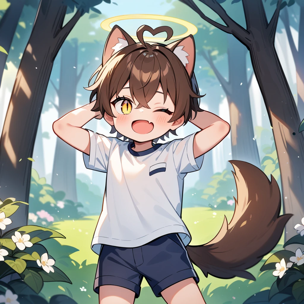 (masterpiece:1.2,high quality),4K,High resolution,A seven-year-old boy,cute boy, brown hair,short hair,crossed bangs,yellow eyes,slit pupils,one eye closed,heart ahoge,yellow halo,cat ears,laughing,skin fang,Wearing a white shirt,dark blue shorts,Stand in the forest,There are flowering trees on both sides.,primary school student,thigh,alone,dog tail,Put your hands behind your head,(Put your hands behind your head)