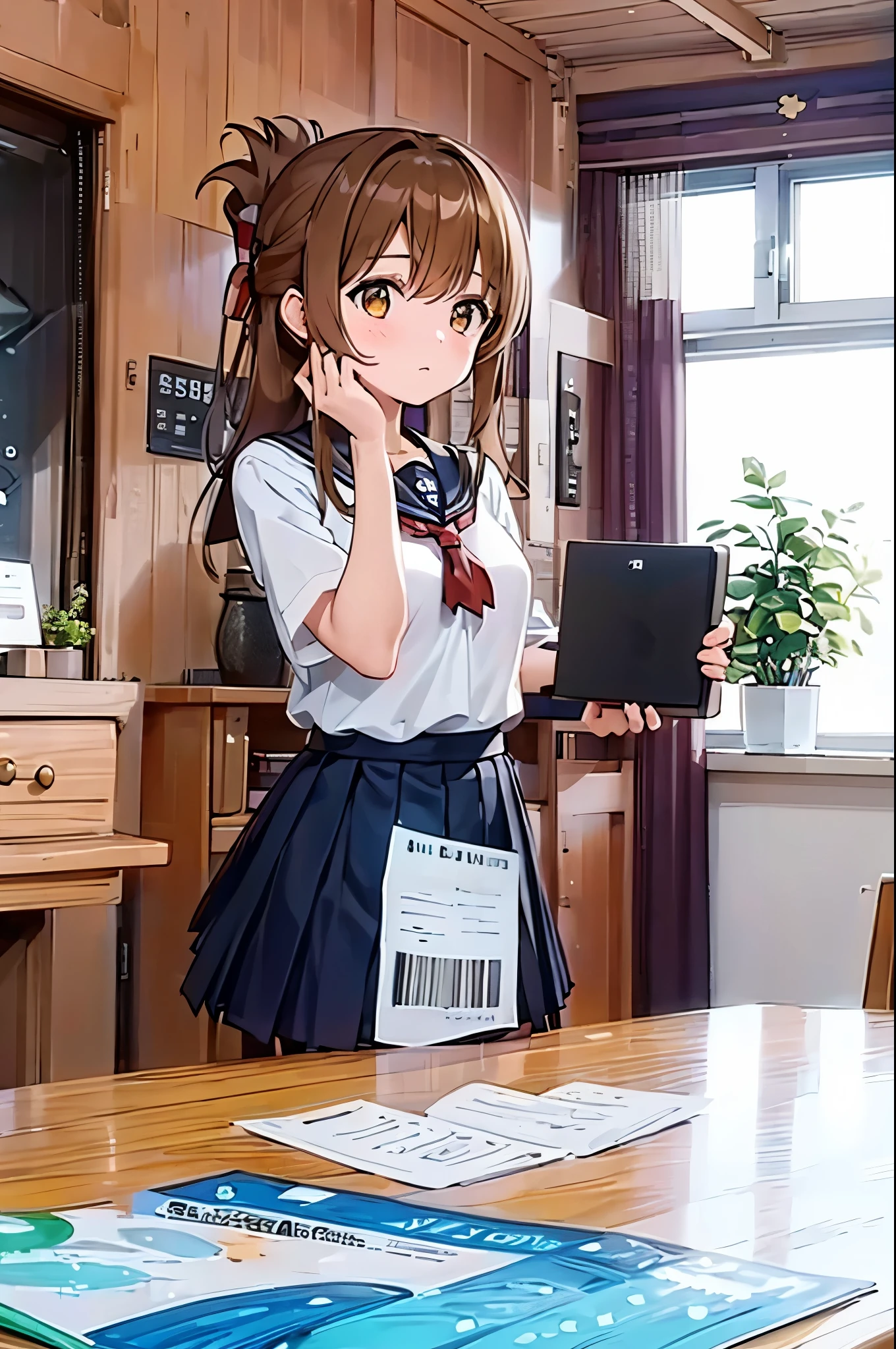 (masterpiece, best quality:1.2),illustration,8k,hd,1girl,solo,upper body,(portrait:1.2),brown_hair,folded_ponytail,brown_eyes,serafuku,long_hair,school_uniform,skirt,pleated_skirt,