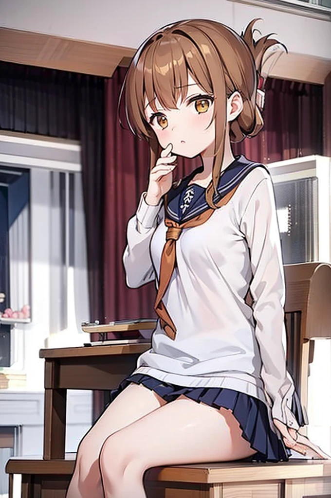 (masterpiece, best quality:1.2),illustration,8k,hd,1girl,solo,upper body,(portrait:1.2),brown_hair,folded_ponytail,brown_eyes,serafuku,long_hair,school_uniform,skirt,pleated_skirt,