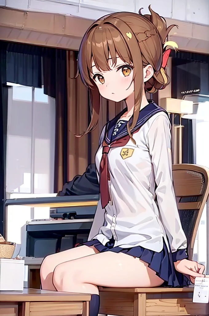 (masterpiece, best quality:1.2),illustration,8k,hd,1girl,solo,upper body,(portrait:1.2),brown_hair,folded_ponytail,brown_eyes,serafuku,long_hair,school_uniform,skirt,pleated_skirt,