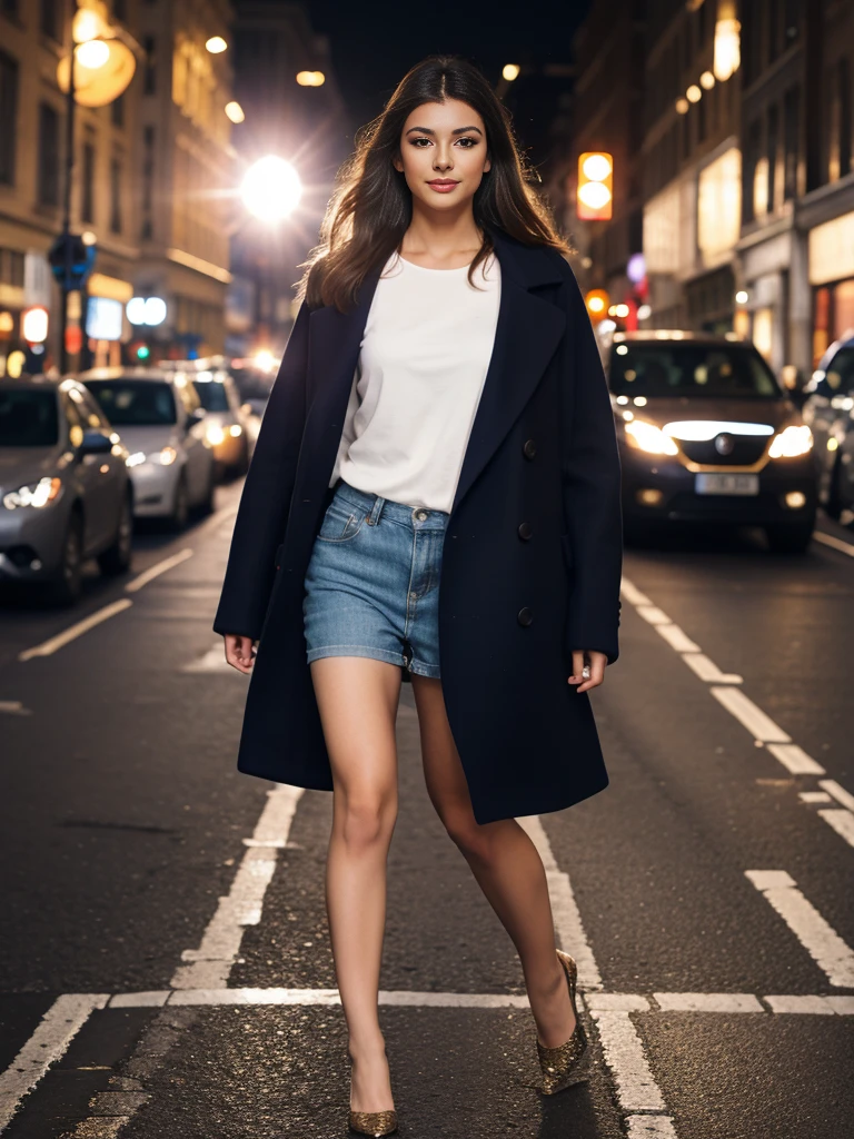 fashionable woman walking down a busy city street, fashion model, mesmerizing, (camera flash), paparazzi, in time london, street photography style, shot on hasselblad, (long exposure), (lens flare)
