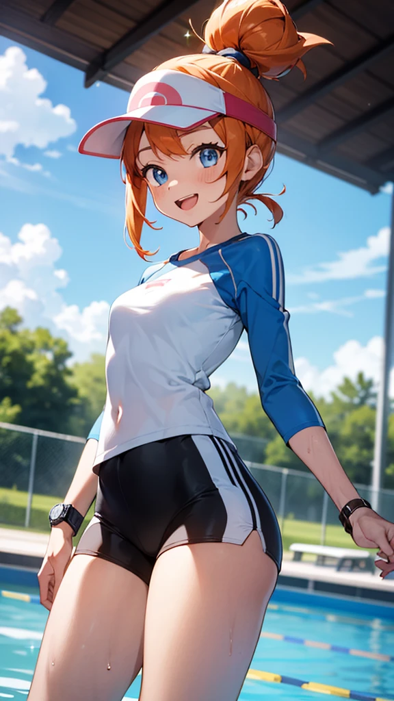 1 girl, masterpiece, best quality, highres, ro1, Misty from pokemon, hair bun, blue eyes, visor cap, , raglan sleeves, blue bicycle shorts, small ponytail on the side, wristwatch, standing, hand on hip, smile, open mouth, (sparkle:1.1), orange hair, medium breasts, 3/4 body view, outdoors, swimming pool
