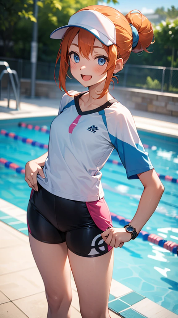 1 girl, masterpiece, best quality, highres, ro1, Misty from pokemon, hair bun, blue eyes, visor cap, , raglan sleeves, blue bicycle shorts, small ponytail on the side, wristwatch, standing, hand on hip, smile, open mouth, (sparkle:1.1), orange hair, medium breasts, 3/4 body view, outdoors, swimming pool