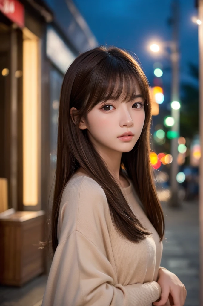 masterpiece、1 beautiful girl、Detailed eyes、Puffy eyes、Highest quality, 超High resolution, (Reality: 1.4), Cinema Lighting、Asian Beauty、Korean、Super Beauty、Beautiful Skin、Slender、(Surreal)、(High resolution)、(8k)、(Very detailed)、(Beautiful and detailed eyes)、(Ultra-detailed)、 (wall-)、Detailed face、Bright lighting、Professional Lighting、View your viewers、Diagonal bangs、Night Scenery、Brown Hair、Age 19、expensive, Scared