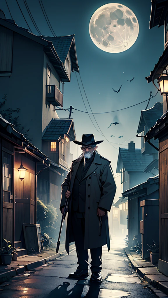 "An elderly man, around 58 years old, stands in a moonlit street, holding a smoking shotgun pointed forward. His face is stern and determined, illuminated by the full moon behind him. Surrounding him are houses with tightly shut doors and windows, casting long shadows in the eerie night. The sky is dark, with the bright full moon adding a ghostly glow to the scene." Possui uma espingarda 