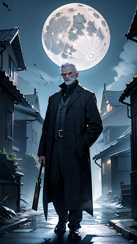 "An elderly man, around 58 years old, stands in a moonlit street, holding a smoking shotgun pointed forward. His face is stern and determined, illuminated by the full moon behind him. Surrounding him are houses with tightly shut doors and windows, casting long shadows in the eerie night. The sky is dark, with the bright full moon adding a ghostly glow to the scene." Possui uma espingarda 