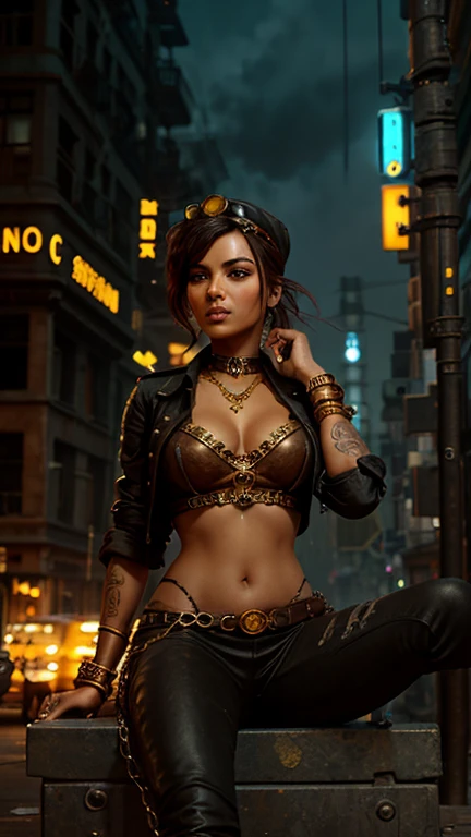 There is a sexy Indian woman with a steam powered dark skin, with tall, royal look, street punk concept art, sexy full body view from top to bottom, sitting on the queen chair, small angle, slim body, stunning beauty, exhilarating, comprehensive cinematic, 8k, cinematic lighting, best quality, 4k, fog background ,arte street punk digital, arte street punk urban urban area, Wojtek FUS, arte digital steampunk, detailed wild steampunk illustration, portrait of a woman with gold and copper chains, arte street punk, estilo de arte dieselpunk, cyberpunk street punk, street punk fantasy style, highly detailed 4K digital art, sci-fi street punk, clear elastic eyes