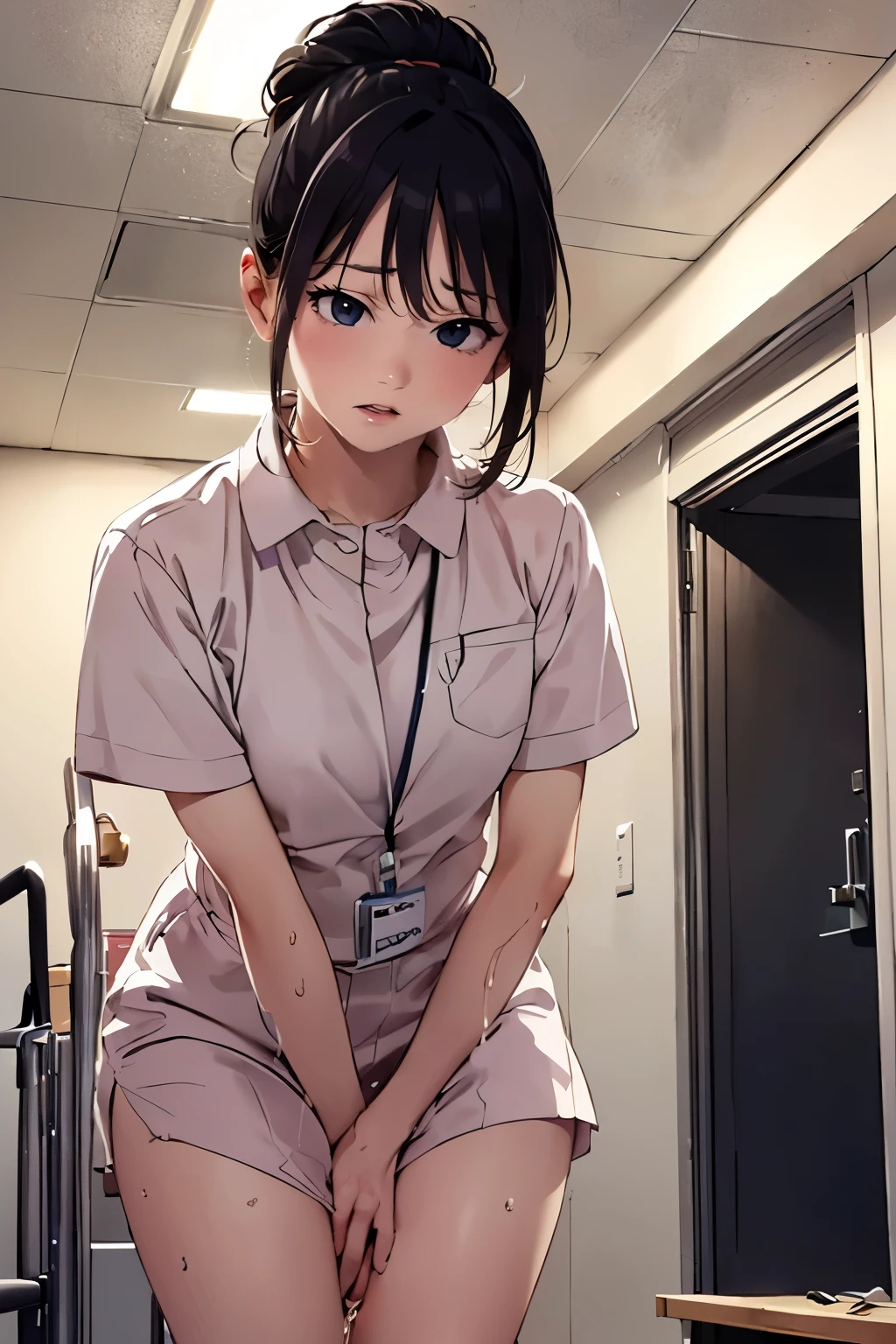 (depicting a single moment from a manga for adults), (hand-drawn), ((manga-style background)), (a nurse, nurse-uniform with stain by pee), (((round face))), drooping eyes, in the hospital corridor, ceiling, curtain, ((incontinent, humiliated, leaking pee, desperately endure)), ((embarrassing)), (hair up), 