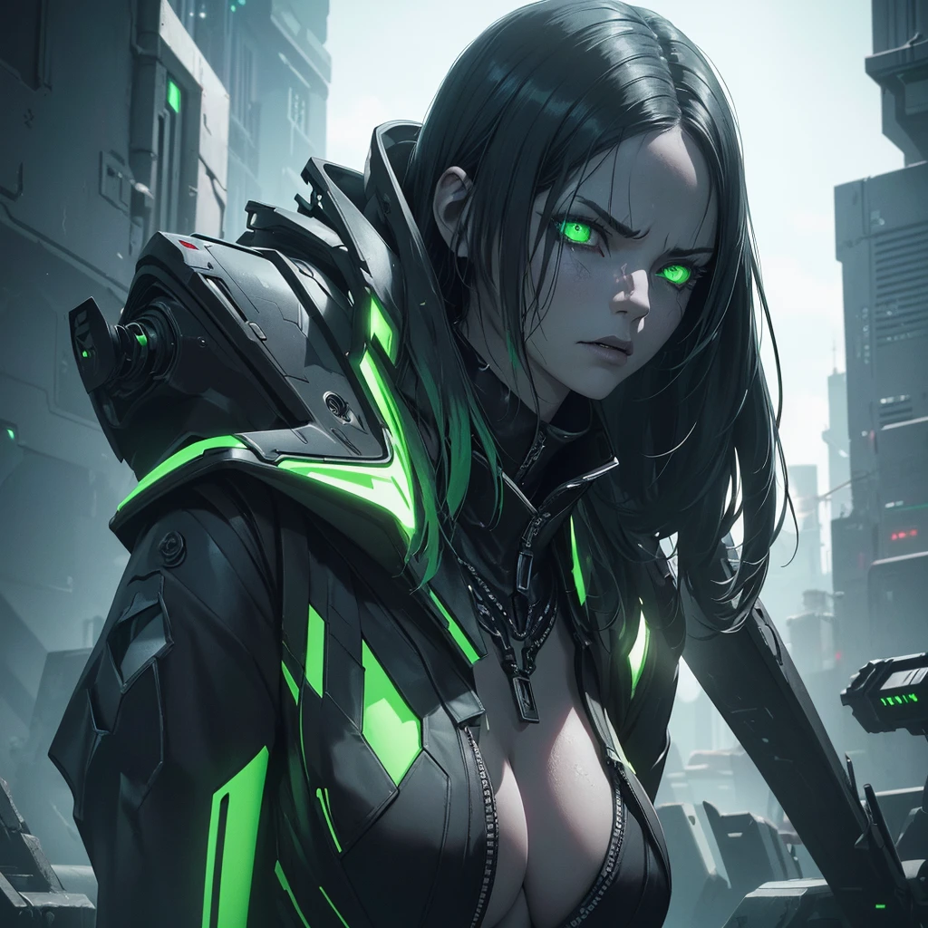 make a female alien witch, necrotic green skin, furious expression, futuristic black clothes, cyberpunk style, detailed face, high quality, photorealistic, 8k, hyper-detailed, extremely detailed, cinematic lighting, dramatic colors, moody atmosphere, (best quality, 4k, 8k, high resolution, masterpiece: 1.2), ultra-detailed, (realistic, photorealistic, photorealistic: 1.37)