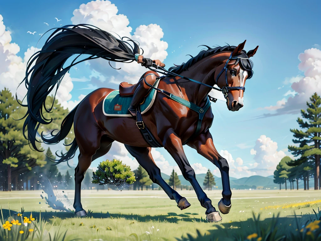 huge fat draft horse. Running cheerfully in grass meadow , contemporary art, Photorealistic , Very high resolution artwork , 8K ,  pine forest, bright blue sky. BBW Black african  rider.