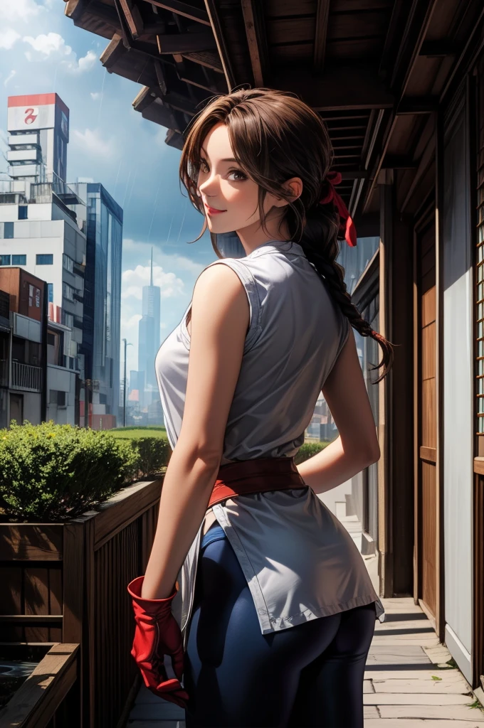 perfect eyes:1.2, detailed eyes:1.4, yurims, headband, ass, blue pantyhose, braided ponytail, brown hair, brown eyes, smile, dougi, spandex, gloves, fingerless gloves, leggings, cowboy shot, 1girl, solo, (masterpiece:1.6, best quality), 8k, insane details, intricate details, hyperdetailed, hyper quality, high detail, ultra detailed, professional, HDR, ray tracing reflection, cinematic lighting,
