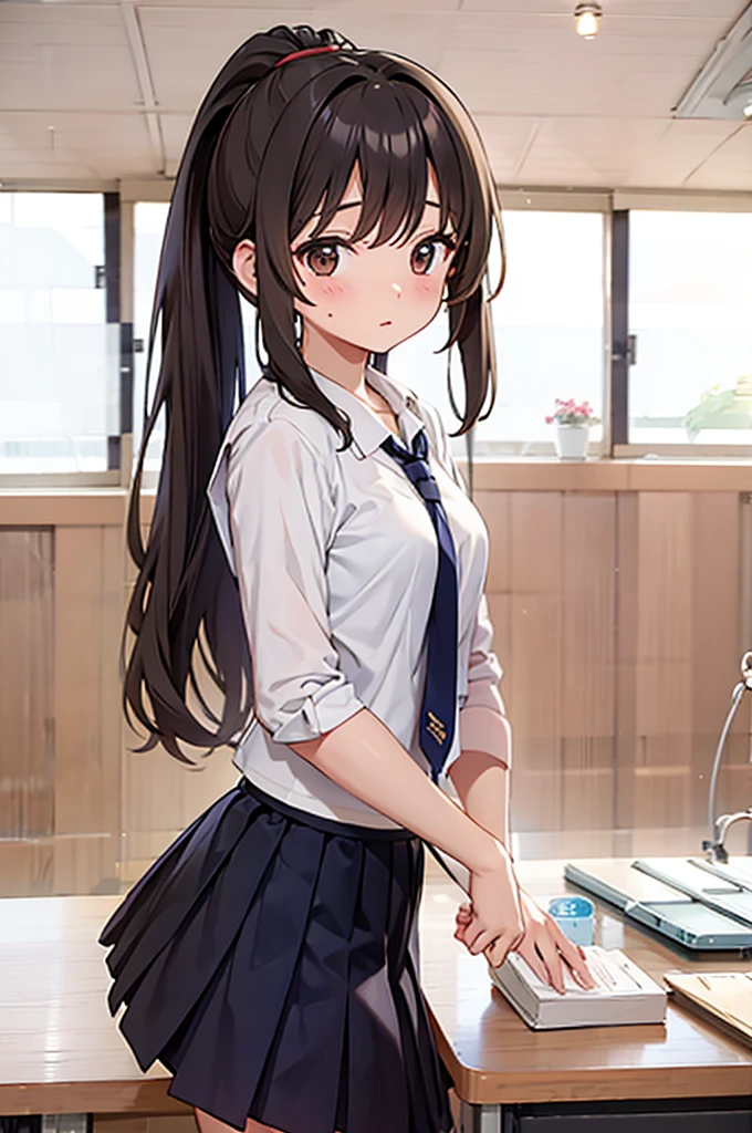 (masterpiece, best quality:1.2),illustration,8k,hd,1girl,solo,upper body,(portrait:1.2),brown_hair,folded_ponytail,brown_eyes,serafuku,long_hair,school_uniform,skirt,pleated_skirt,