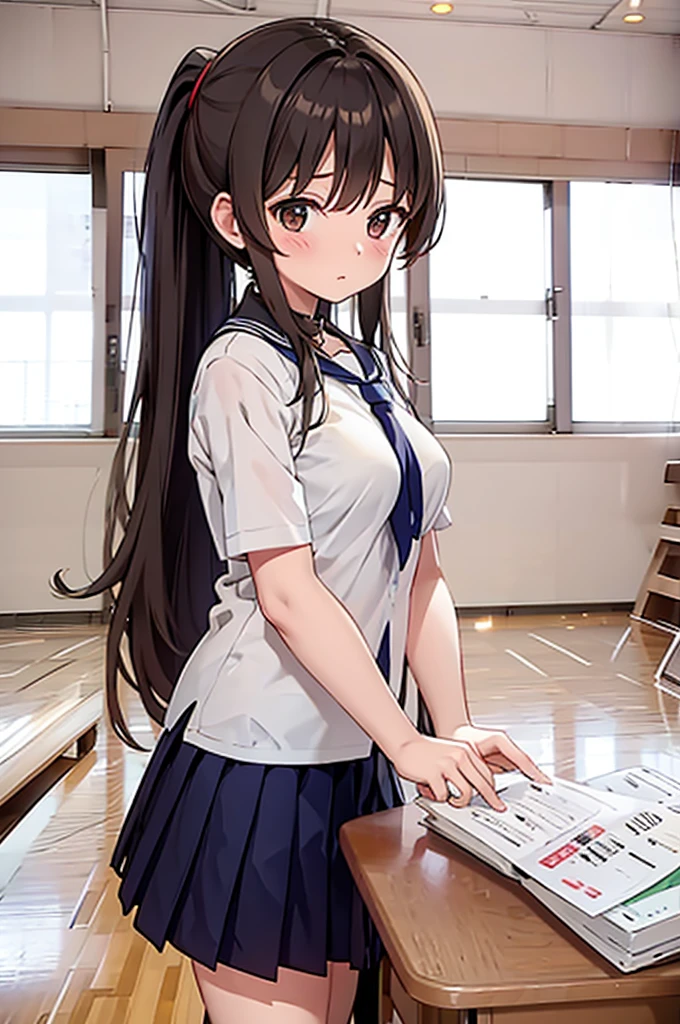(masterpiece, best quality:1.2),illustration,8k,hd,1girl,solo,upper body,(portrait:1.2),brown_hair,folded_ponytail,brown_eyes,serafuku,long_hair,school_uniform,skirt,pleated_skirt,
