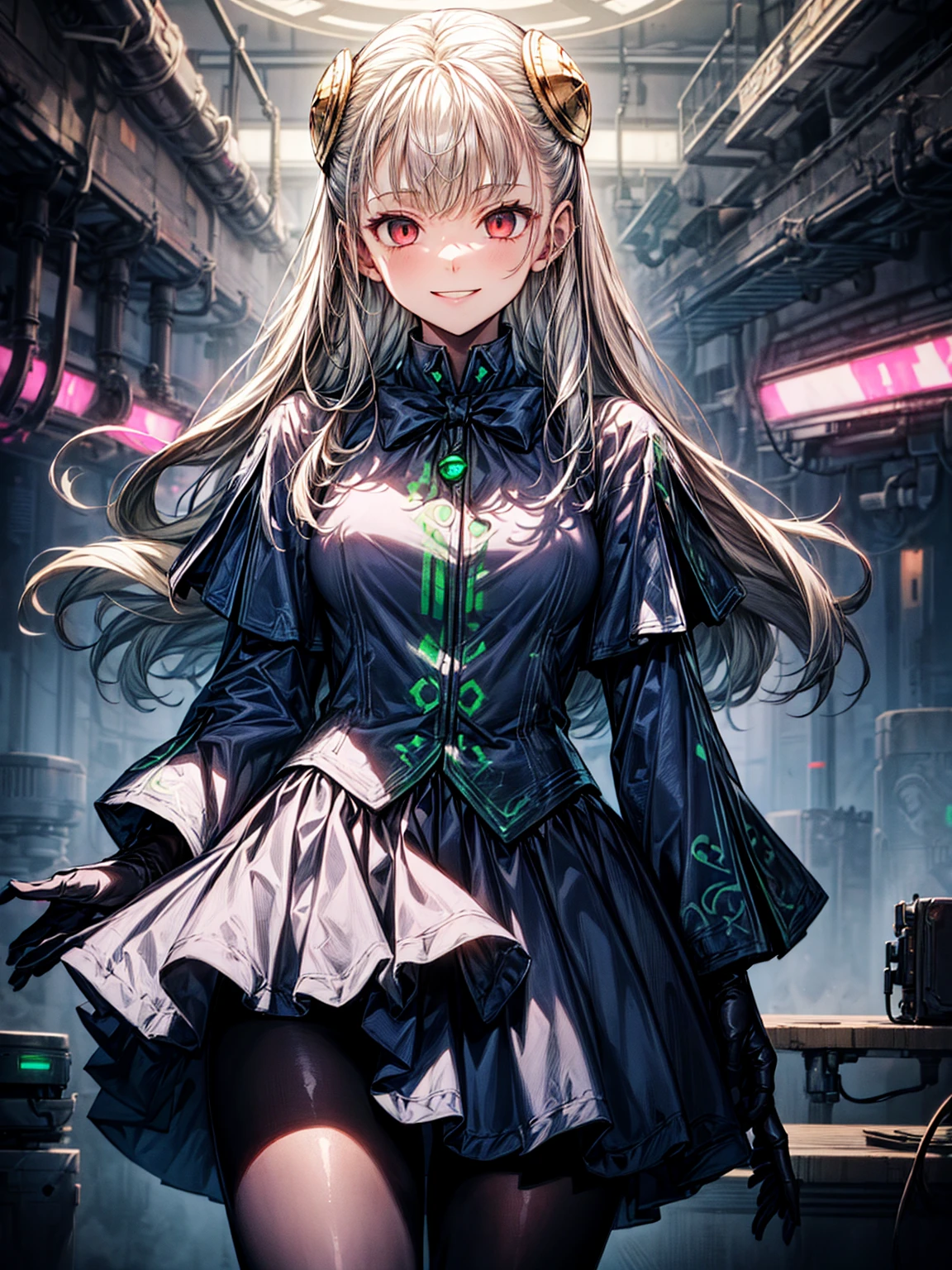 (masterpiece、Highest quality、High resolution)、(Inside the futuristic base:1.6),1 Girl、alone、Ingrid、Hair Pod、gloves、skirt、pantyhose、bow、dress、 eye、(Wicked Smile:1.4)、Anime Style、Evil Bosses、Trampling、Ezvian everywhere,,empty eyes,Mind Control Devices, Temporarily stops, Obedient_Temporarily stop, (Show me your collar:1.4)