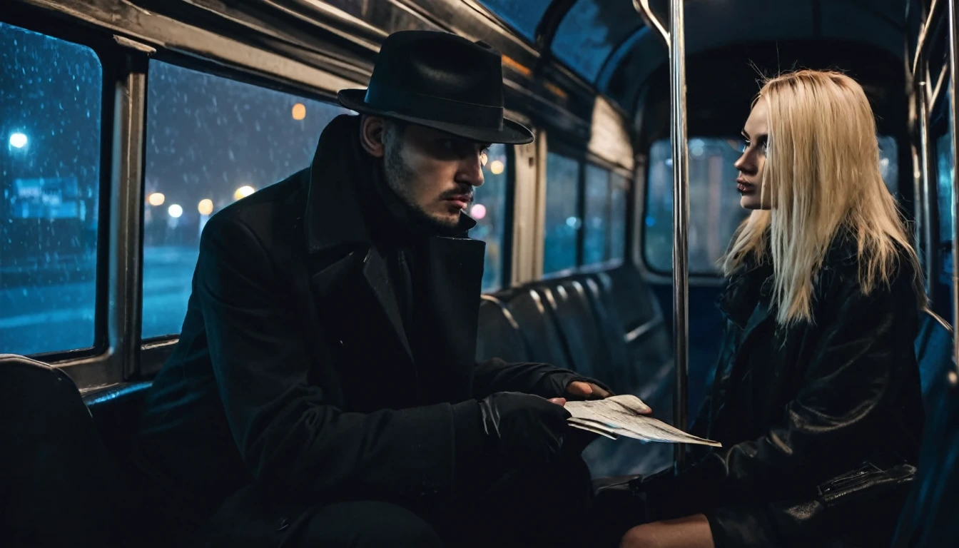 Man with scary look, black hat, black overcoat, giving a ticket to the unemployed tired blonde woman sitting inside the bus. Dark and scary weather at night